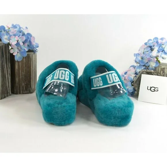 UGG Fluff Oh Yea Aqua Blue Sheepskin Fur Slippers Slides Sandals NIB - Picture 3 of 11